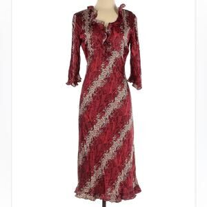 PHILIP DICAPRIO red V neck snakeskin print ruffle empire waist sheath dress 10
